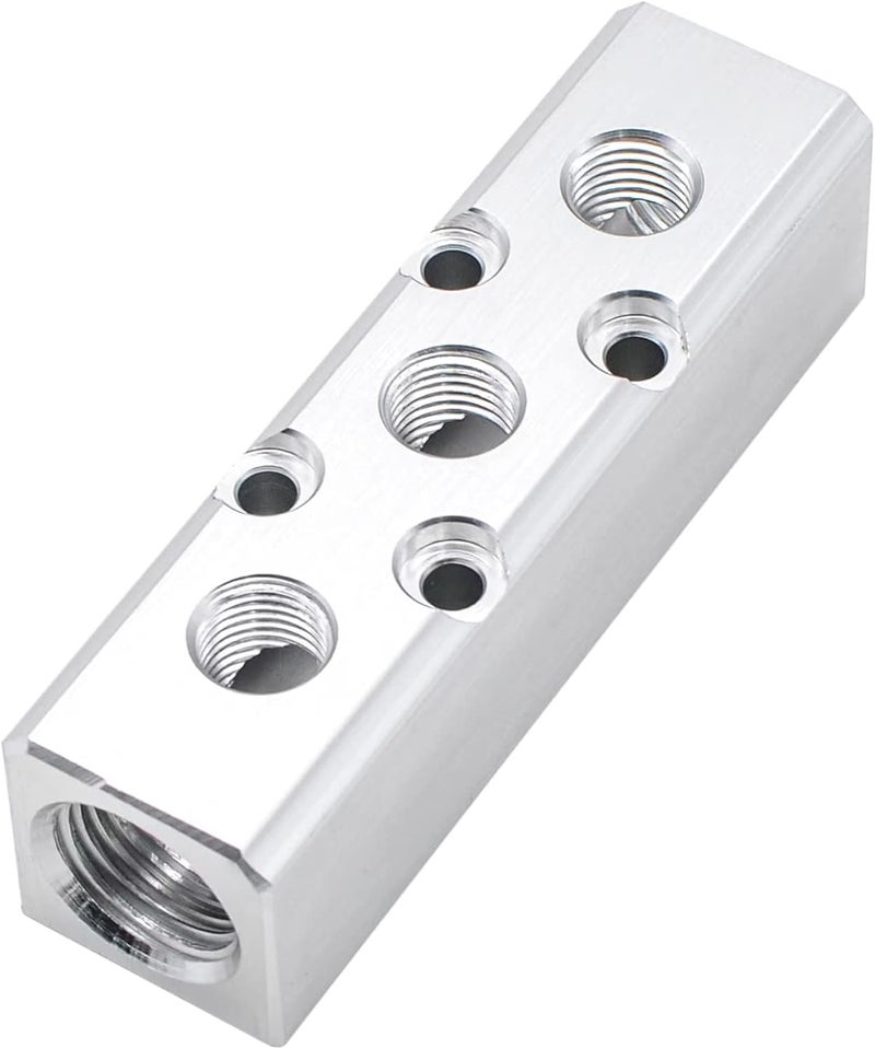 MARSTEK Air Manifold, 3 Way 5 Port Air Compressor Manifold, Aluminum Air Hose Inline Manifold Block Splitter, Pneumatic Manifold Air Distribution Block, NPT 1/2 Inch Supply Port, NPT 1/4 Inch Output Port - Image 1